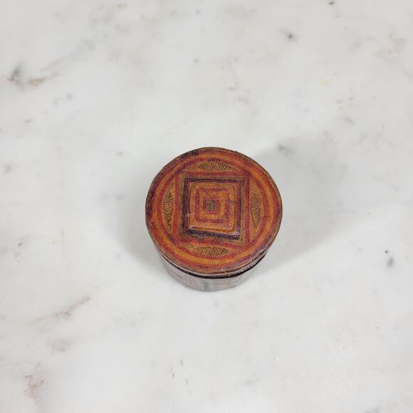 VTG Leather Box Lid 1.75" Brown Red Tooled Cylynder Storage Jar Travel - Picture 6 of 15